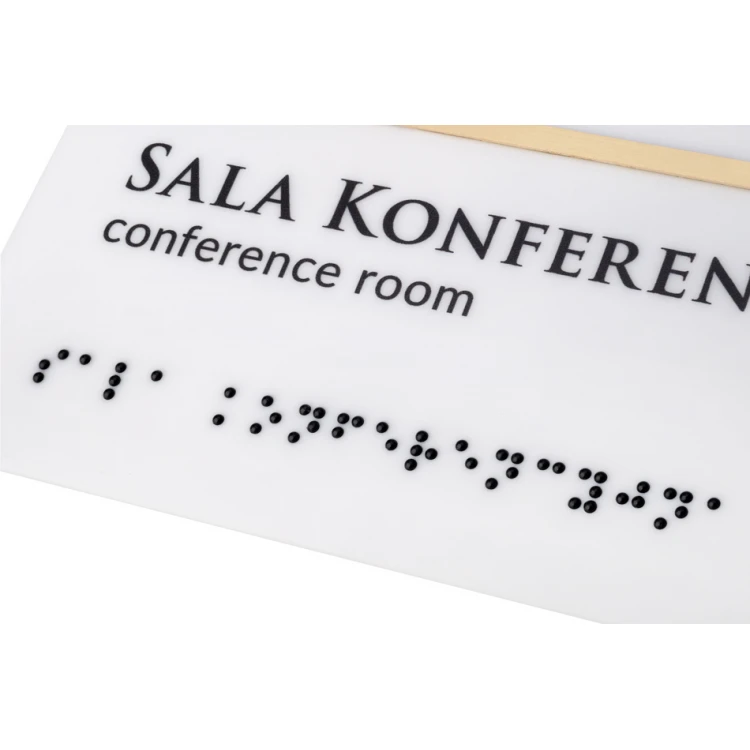 Tabliczka z pismem Braille'a - biały akryl mat i mosiądz - wym. 155x105mm - TAB396