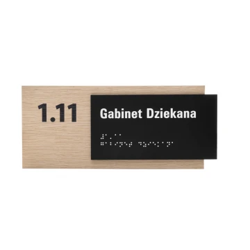 Tabliczka z dowolnym tekstem i pismem Braille'a - płyta fornirowana dąb i akryl czarny mat - wym. 262x118mm - TAB400