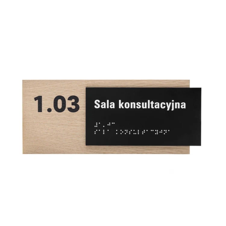 Tabliczka z dowolnym tekstem i pismem Braille'a - płyta fornirowana dąb i akryl czarny mat - wym. 262x118mm - TAB400