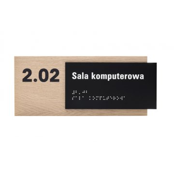 Tabliczka z dowolnym tekstem i pismem Braille'a - płyta fornirowana dąb i akryl czarny mat - wym. 262x118mm - TAB401