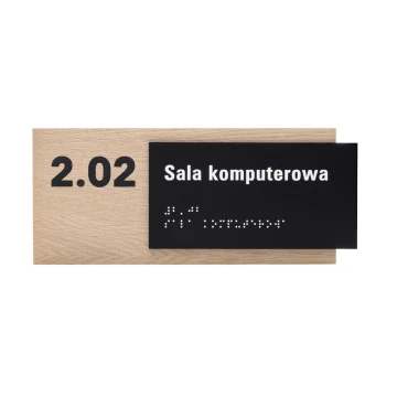 Tabliczka z dowolnym tekstem i pismem Braille'a - płyta fornirowana dąb i akryl czarny mat - wym. 262x118mm - TAB401