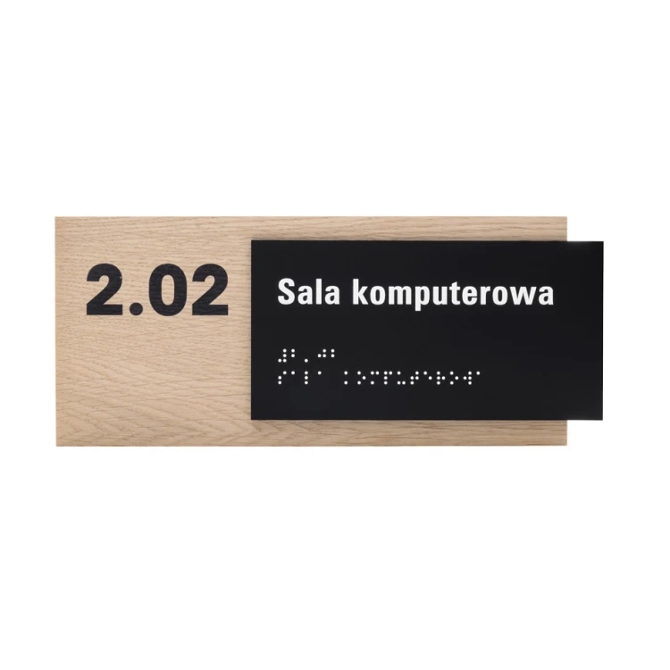 Tabliczka z dowolnym tekstem i pismem Braille'a - płyta fornirowana dąb i akryl czarny mat - wym. 262x118mm - TAB401