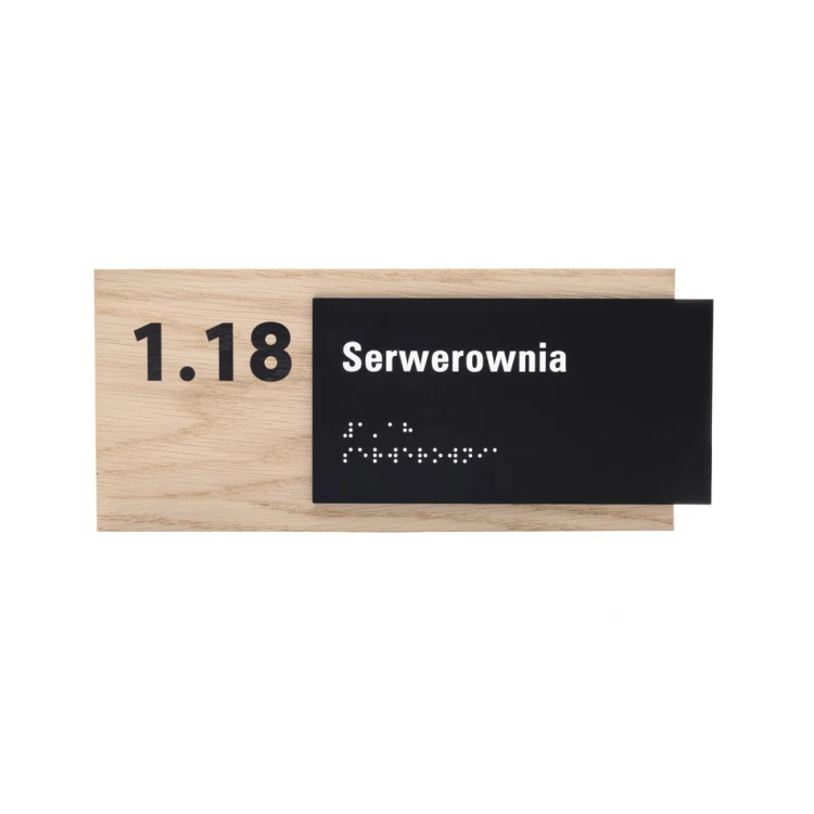 Tabliczka z dowolnym tekstem i pismem Braille'a - płyta fornirowana dąb i akryl czarny mat - wym. 262x118mm - TAB401