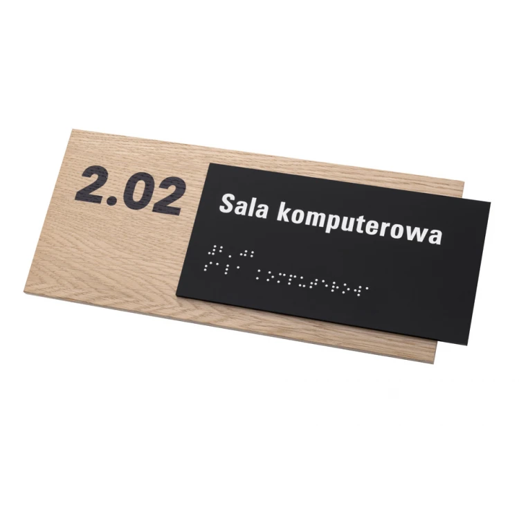 Tabliczka z dowolnym tekstem i pismem Braille'a - płyta fornirowana dąb i akryl czarny mat - wym. 262x118mm - TAB401