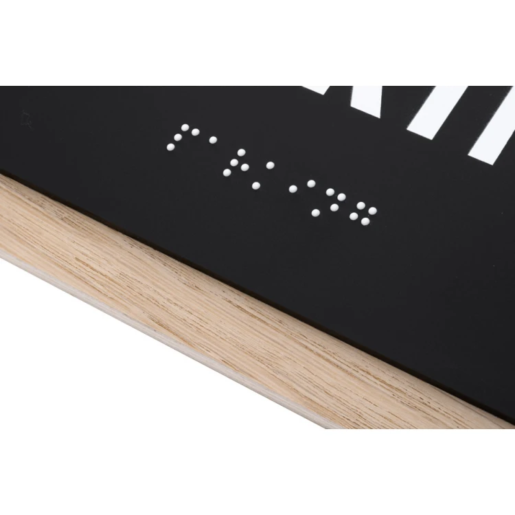 Tabliczka z dowolnym tekstem i pismem Braille'a - płyta fornirowana dąb i akryl czarny mat - wym. 262x118mm - TAB401