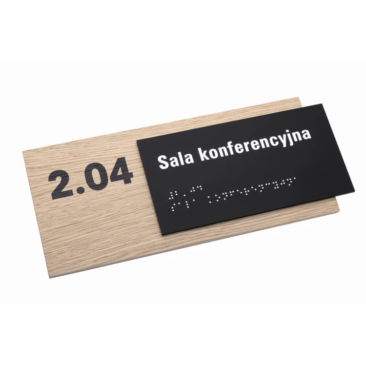 Tabliczka z dowolnym tekstem i pismem Braille'a - płyta fornirowana dąb i akryl czarny mat - wym. 262x118mm - TAB401