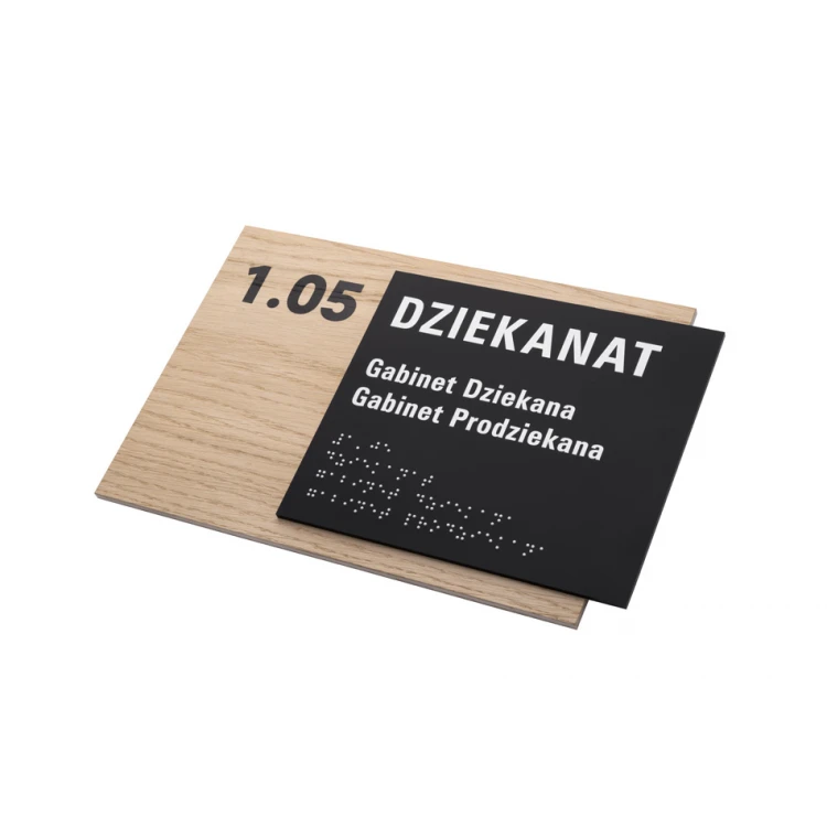 Tabliczka z dowolnym tekstem i pismem Braille'a - płyta fornirowana dąb i akryl czarny mat - wym. 262x182mm - TAB406