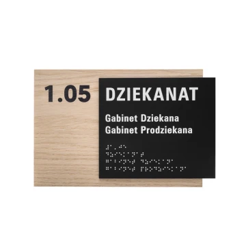 Tabliczka z dowolnym tekstem i pismem Braille'a - płyta fornirowana dąb i akryl czarny mat - wym. 262x182mm - TAB406