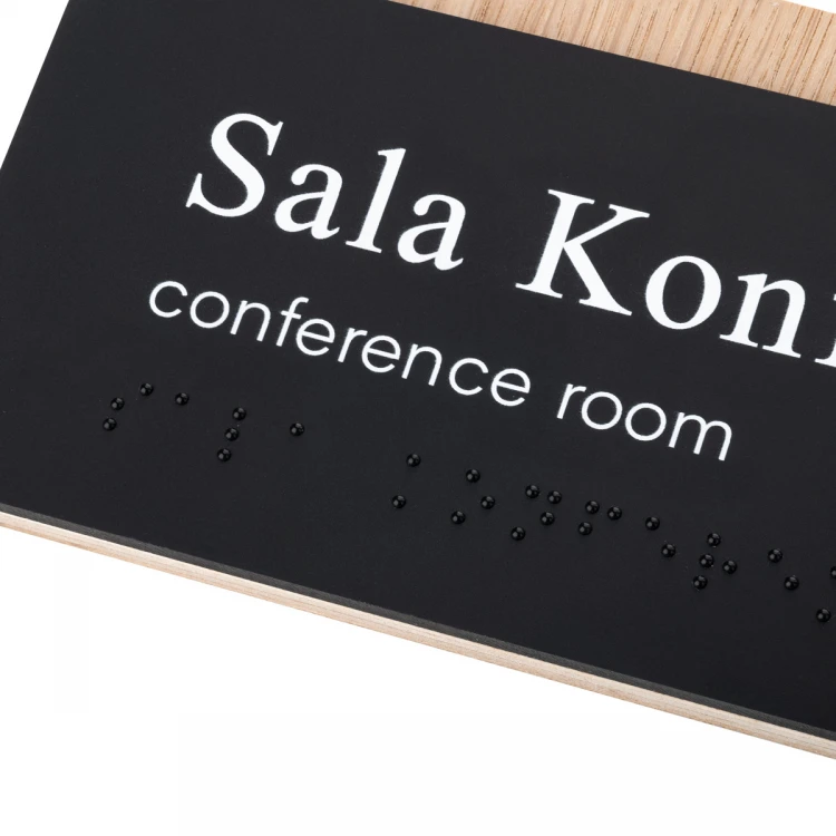Tabliczka z dowolnym tekstem i pismem Braille'a - płyta fornirowana dąb i akryl czarny mat - wym. 200x80mm - TAB490