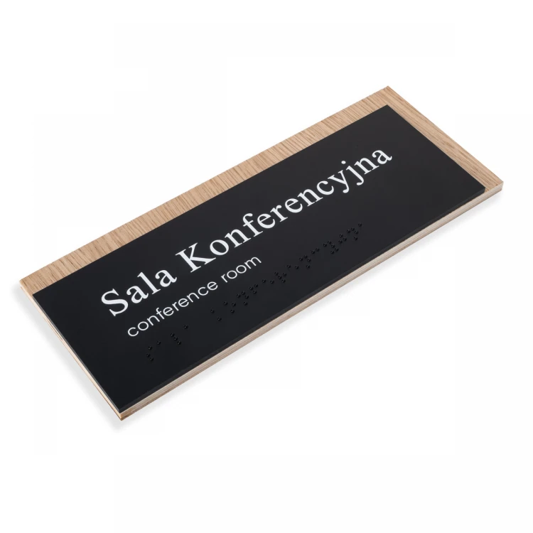 Tabliczka z dowolnym tekstem i pismem Braille'a - płyta fornirowana dąb i akryl czarny mat - wym. 200x80mm - TAB490