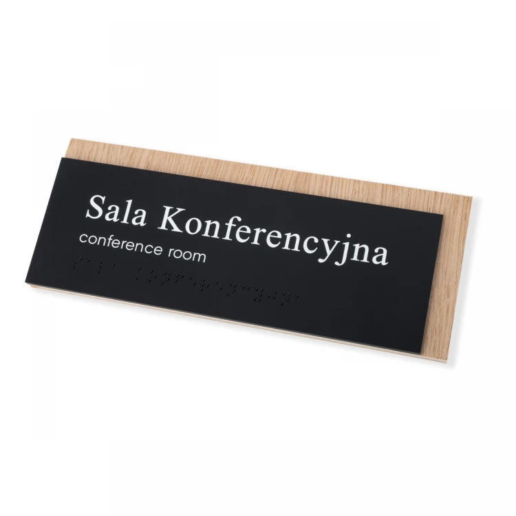 Tabliczka z dowolnym tekstem i pismem Braille'a - płyta fornirowana dąb i akryl czarny mat - wym. 200x80mm - TAB490