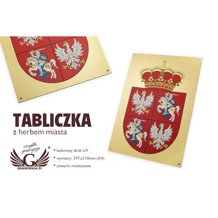 Tabliczka z herbem miasta - wym. 297x210mm (A4) - laminat grawerski - druk UV - TAB053
