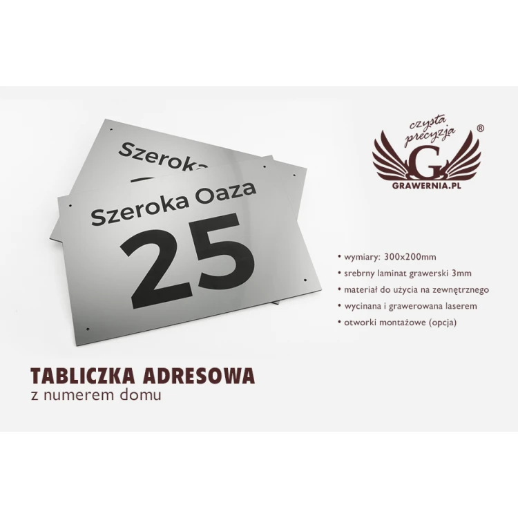 Tabliczka z numerem domu - wym. 300x200mm - srebrny zewnętrzny laminat grawerski 3mm