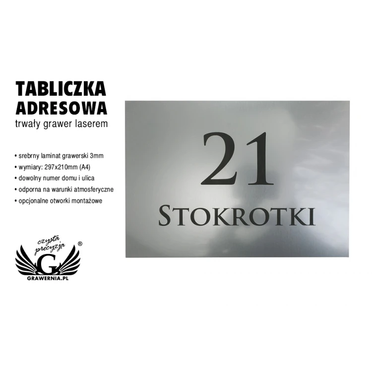 Tabliczka z numerem domu - wym. 297x210mm (A4) - srebrny zewnętrzny laminat grawerski 3mm - TAB101
