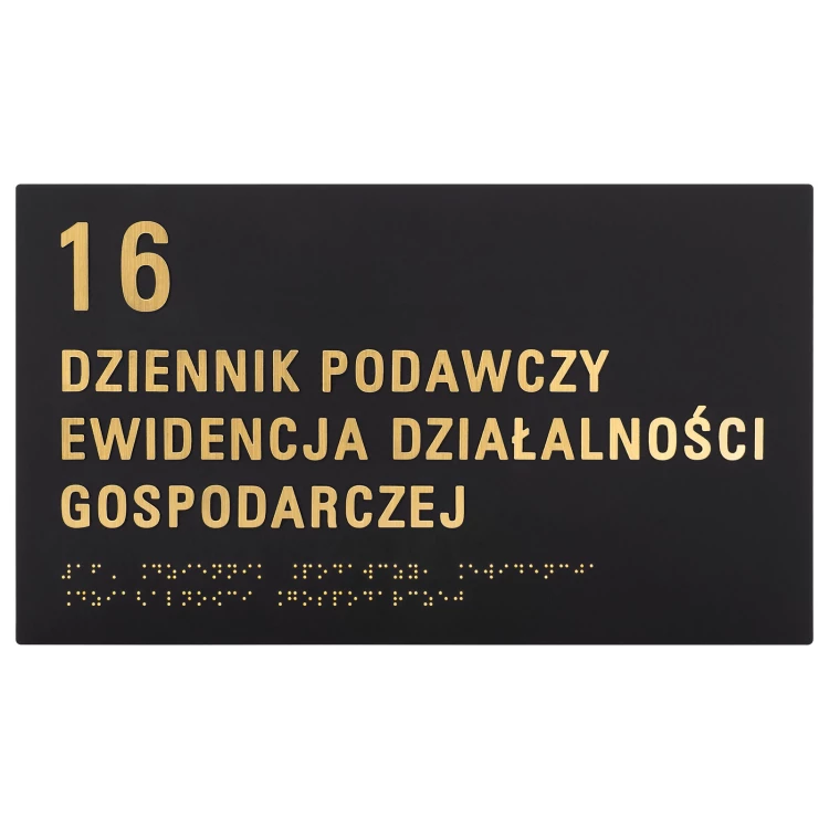 Tabliczka z pismem Braille'a - czarny matowy akryl i złote wypukłe litery - wym. 310x180mm - TAB603