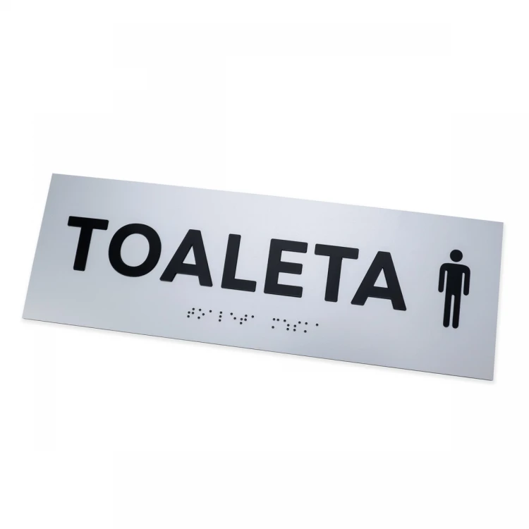 Tabliczka z wypukłymi literami i pismem Braille'a - Toaleta męska - laminat srebrny - wym. 295x100mm - TAB505
