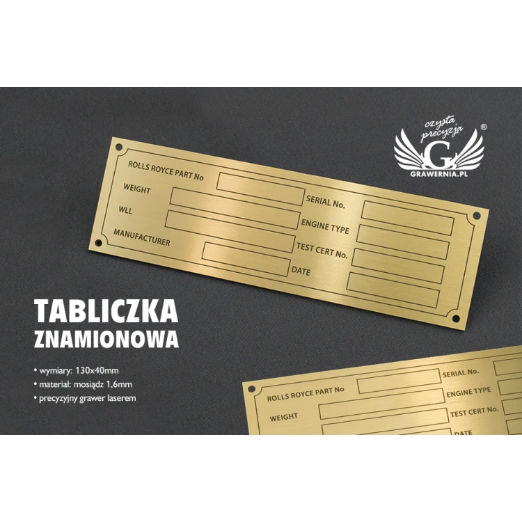 Tabliczka znamionowa do maszyn i urządzeń - mosiądz  - wym.130x40mm - TZN030