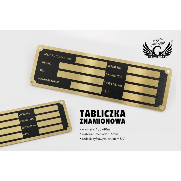 Tabliczka znamionowa do maszyn i urządzeń - mosiądz z nadrukiem UV  - wym. 130x40mm - TZN032