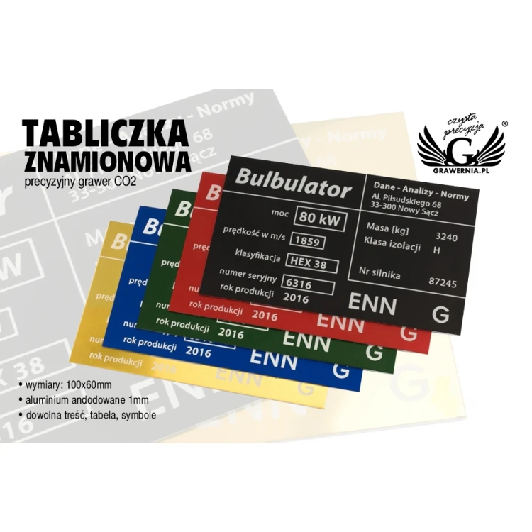 Tabliczka znamionowa z aluminium - multikolor - znakowanie laserem CO2 -  wymiary: 100x60mm - TZN041