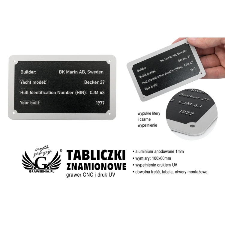 Tabliczka znamionowa ze srebrnego aluminium - grawer CNC i druk UV - wymiary: 100x60mm - TZN042 