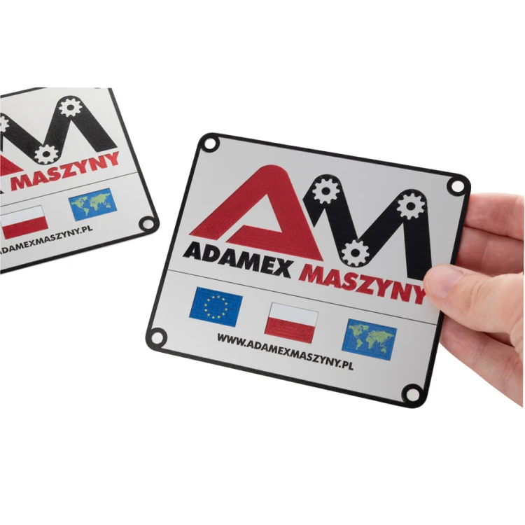 Tabliczka znamionowa ze srebrnego aluminium - druk UV - wymiary: 120x100mm - TZN048 