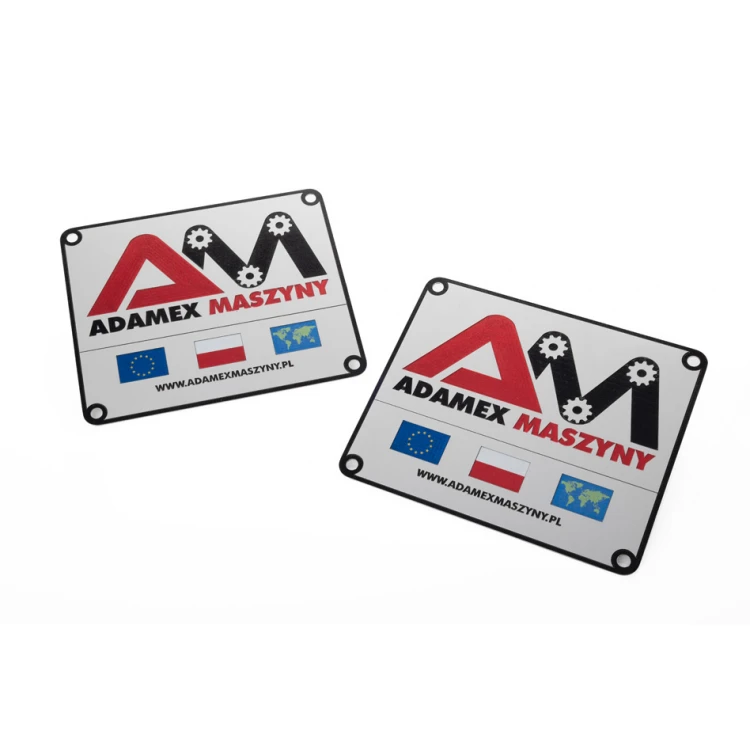 Tabliczka znamionowa ze srebrnego aluminium - druk UV - wymiary: 120x100mm - TZN048 