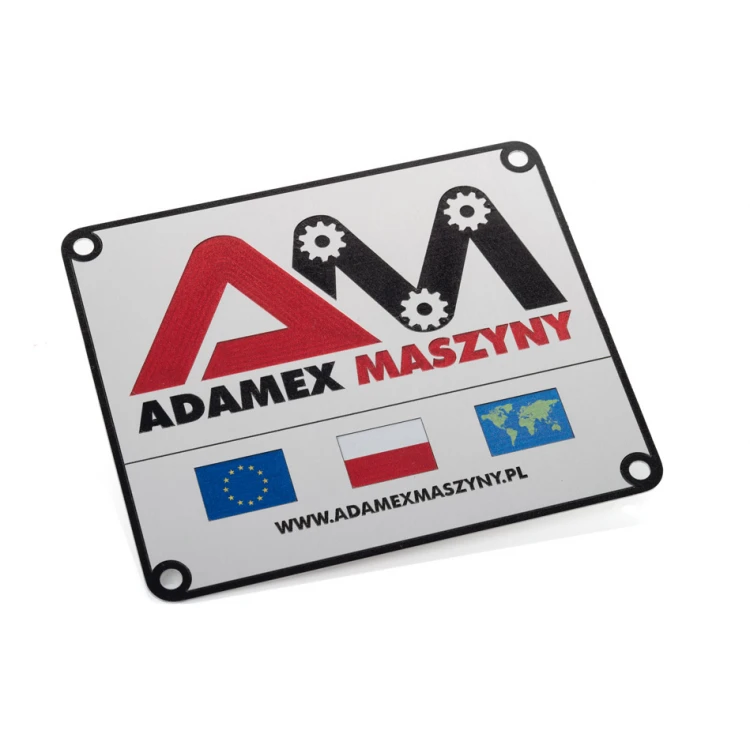 Tabliczka znamionowa ze srebrnego aluminium - druk UV - wymiary: 120x100mm - TZN048 