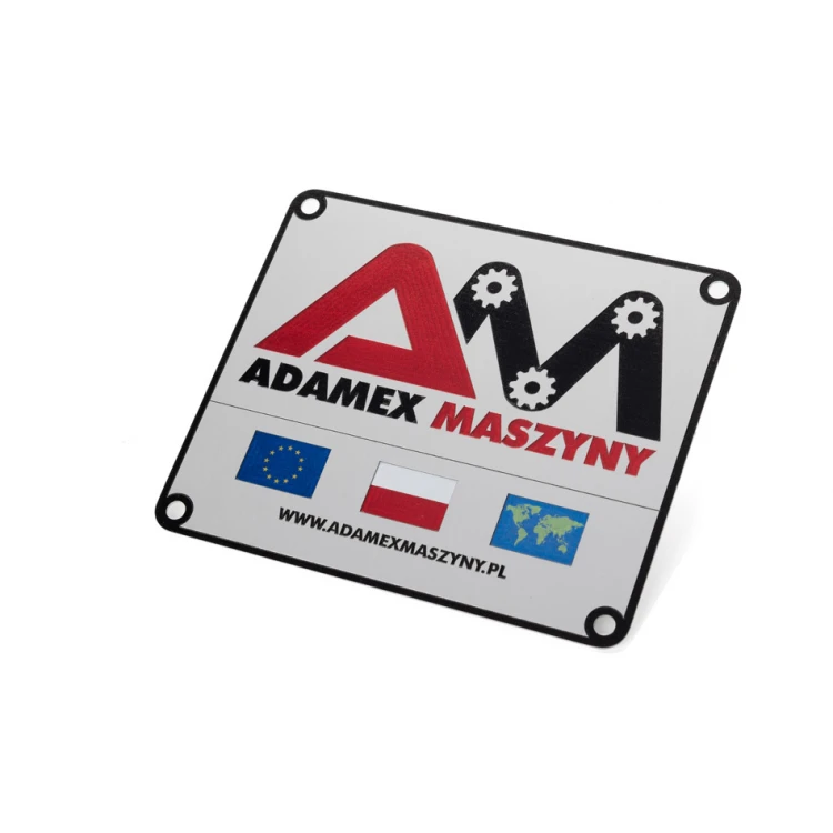 Tabliczka znamionowa ze srebrnego aluminium - druk UV - wymiary: 120x100mm - TZN048 