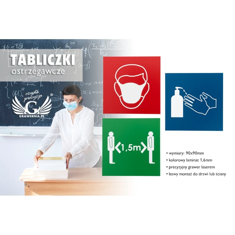 Tabliczka informacyjna z laminatu - do wyboru: maseczka, dystans, dezynfekcja - wym. 90x90mm - TAB108