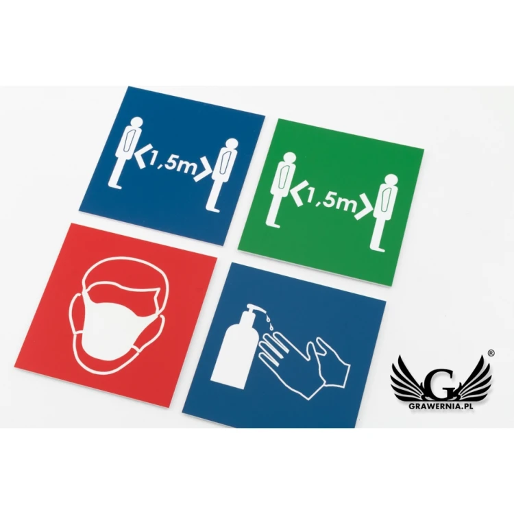 Tabliczka informacyjna z laminatu - do wyboru: maseczka, dystans, dezynfekcja - wym. 90x90mm - TAB108