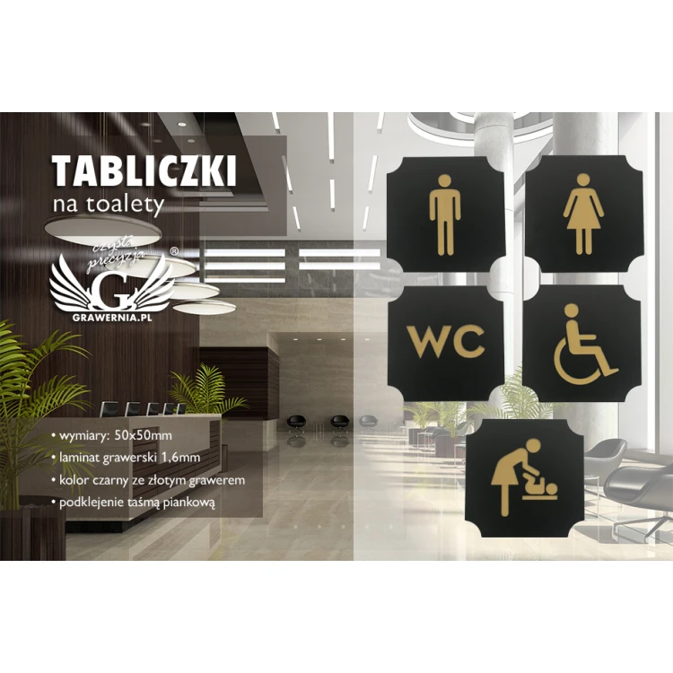 Tabliczki na toalety - czarny laminat exterior ze złotym grawerem - wym. 50x50mm - TT011