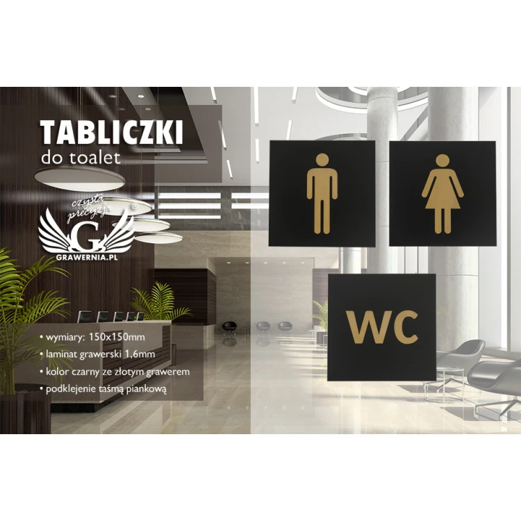 Tabliczki na toalety - czarny laminat exterior ze złotym grawerem - wym. 150x150mm - TT014