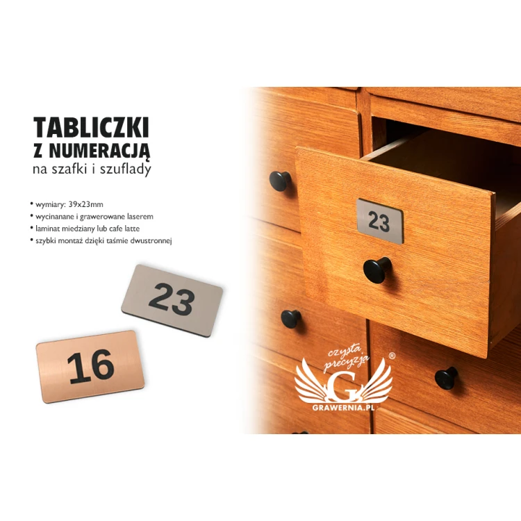 Tabliczki z numeracją na szafki i szuflady  - miedziany lub caffe latte - ND033 - wym. 39x23mm 