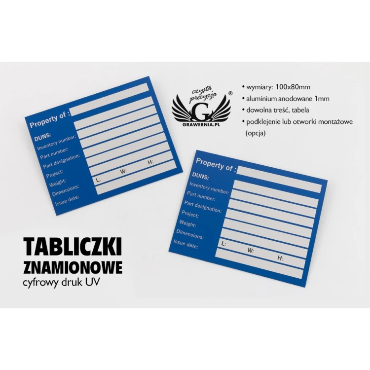 Tabliczki znamionowe - aluminium anodowane - niezniszczalny druk - wym. 100x80mm - TZN038