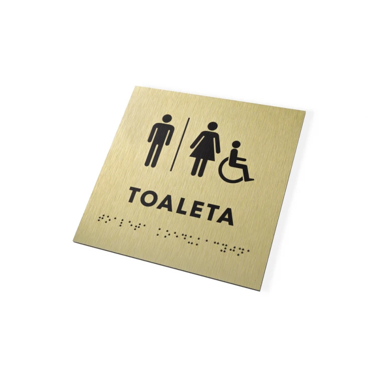 Toaleta koedukacyjna - tabliczka ze złotego dibondu z pismem Braille'a - wym. 160x160mm - TAB285