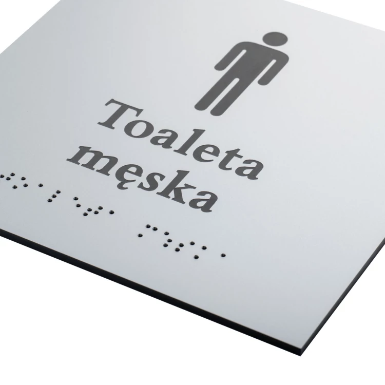 Toaleta męska - tabliczka z pismem Braille'a - srebrny laminat grawerski 3mm - wym. 160x160mm - TAB548