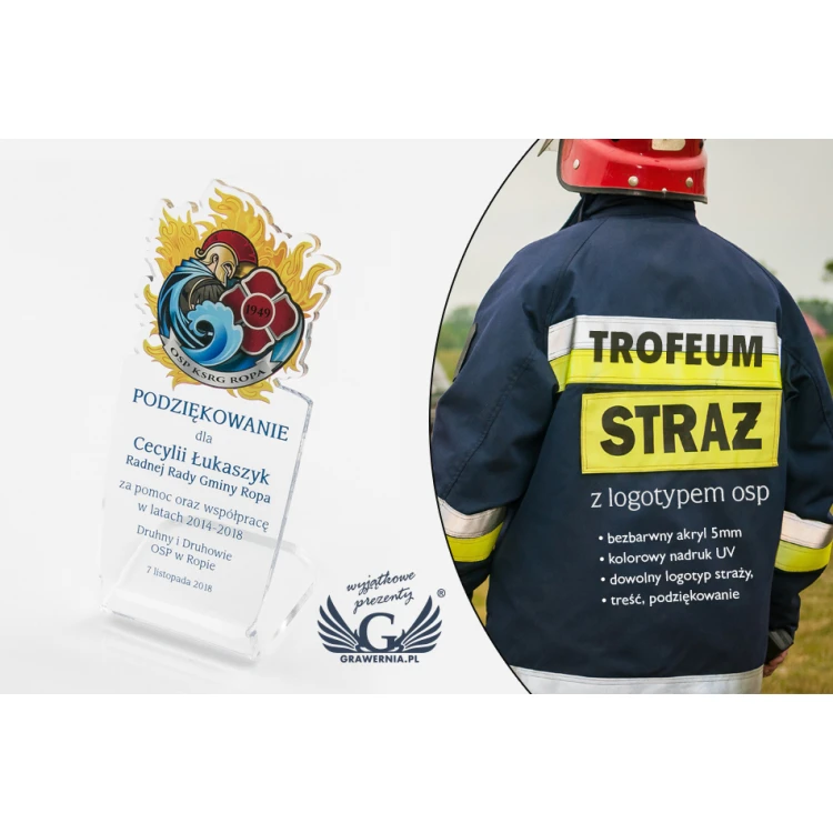 Trofeum Strażak z odznaką OSP - model DTA54 - wysokość 14,5cm - druk UV