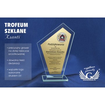 Trofeum szklane Ksanti z laminatem i wypukłym logotypem