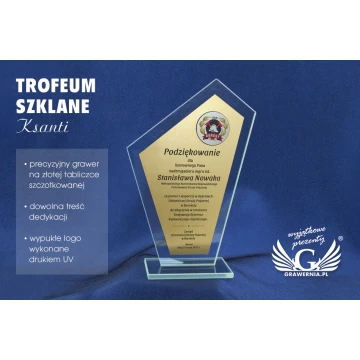 Trofeum szklane Ksanti z laminatem i wypukłym logotypem
