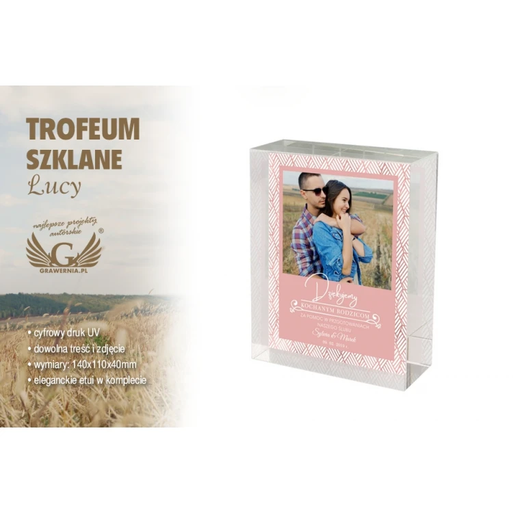 Statuetka szklana z kolorowym nadrukiem UV - LUCY - podziękowanie dla rodziców - TSZ074