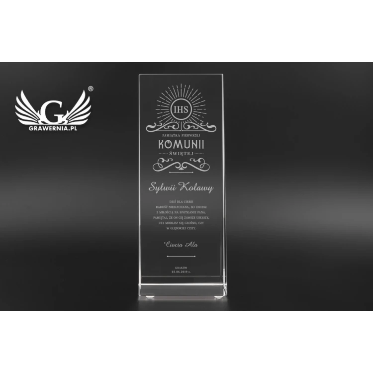 Trofeum szklane w etui PERLA - Pamiątka Pierwszej Komunii Świętej - TSZ058