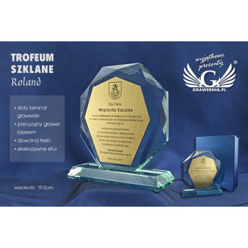 Trofeum szklane w etui - ROLAND z laminatem grawerskim
