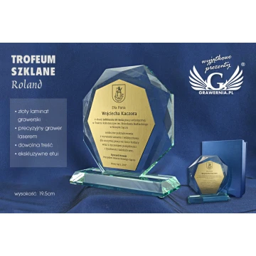 Trofeum szklane w etui - ROLAND z laminatem grawerskim