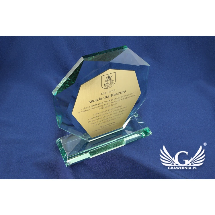 Trofeum szklane w etui - ROLAND z laminatem grawerskim