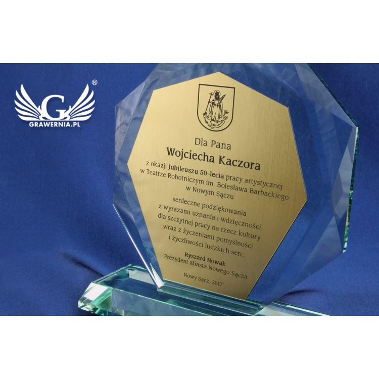 Trofeum szklane w etui - ROLAND z laminatem grawerskim