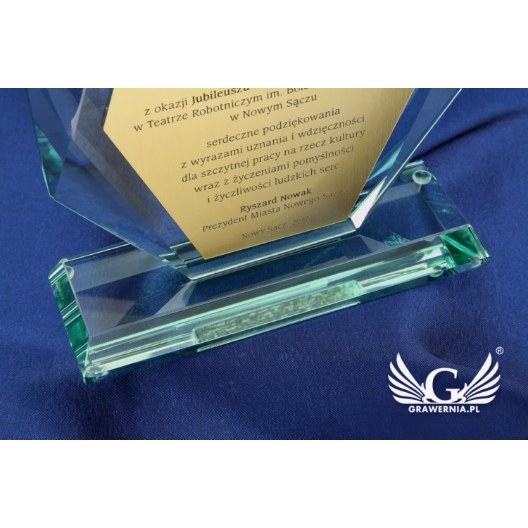 Trofeum szklane w etui - ROLAND z laminatem grawerskim