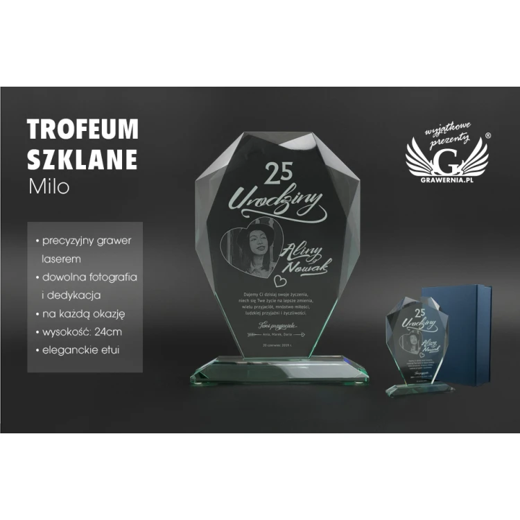Trofeum szklane w etui - MILO z fotografią - Prezent Urodzinowy - TSZ064