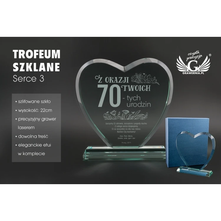 Trofeum szklane w etui - SERCE 3 - URODZINY - TSZ092