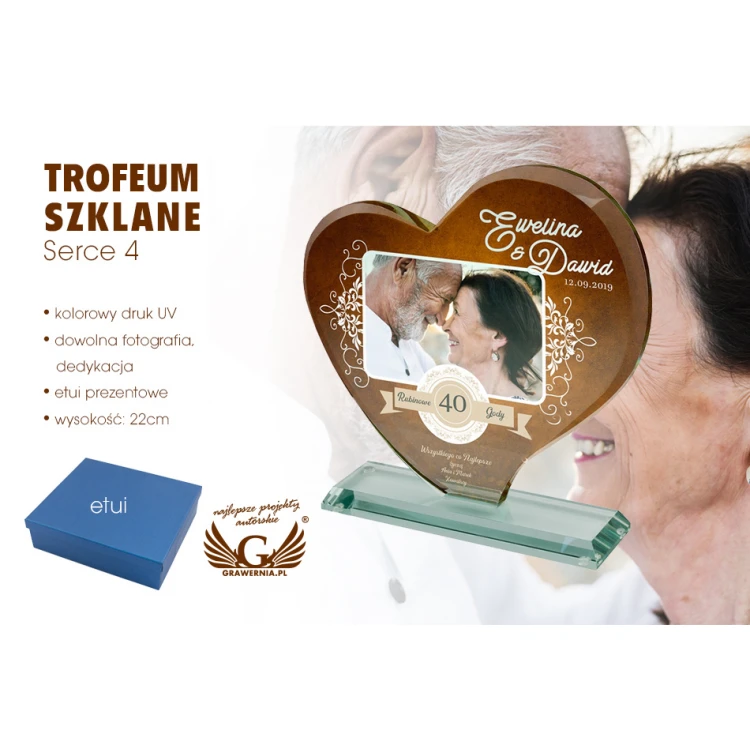 Statuetka szklana z fotografią w etui - SERCE 4 - rocznica ślubu - TSZ079