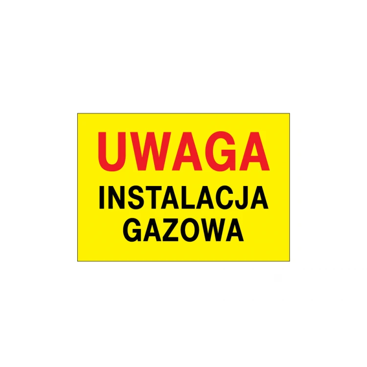 Uwaga instalacja gazowa - tabliczka ostrzegawcza - wym. 495x345mm - PVC - kolorowy druk UV - BHP119